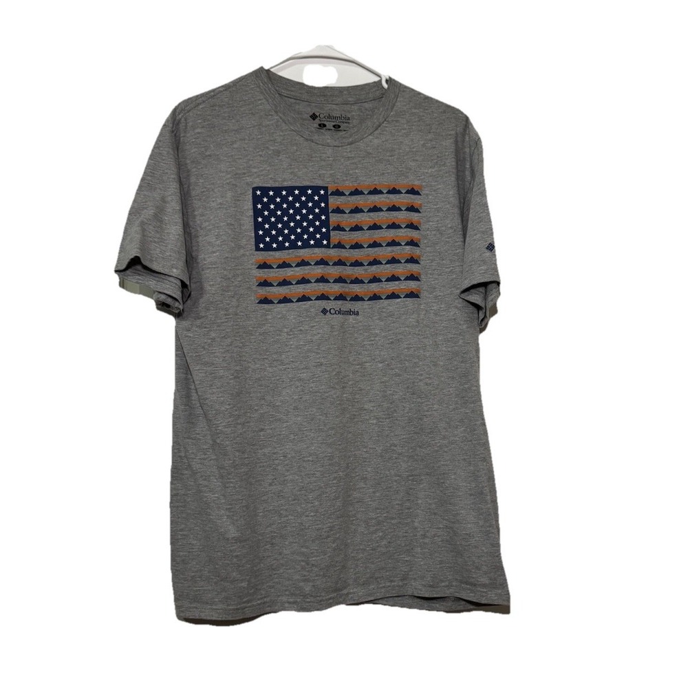 Columbia Men's Large T-Shirt Gray American Flag Mountain Graphic Outdoor Hiking